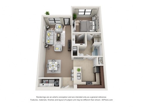 Floor plan for 1 bed, 1 bath, 708 sqft